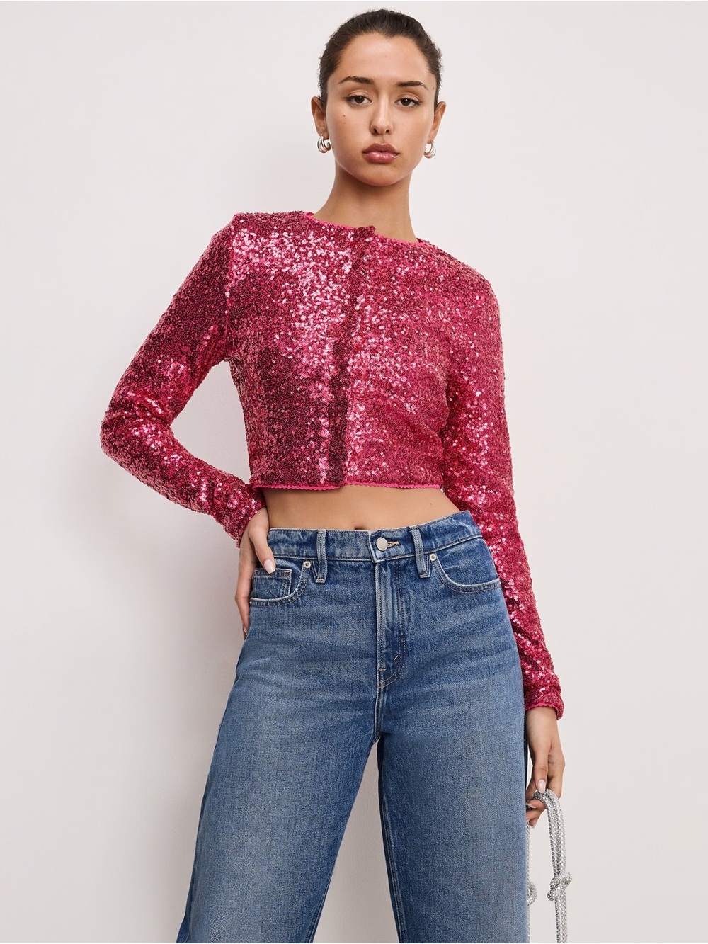 NWT Good American pink sequin cropped cardigan